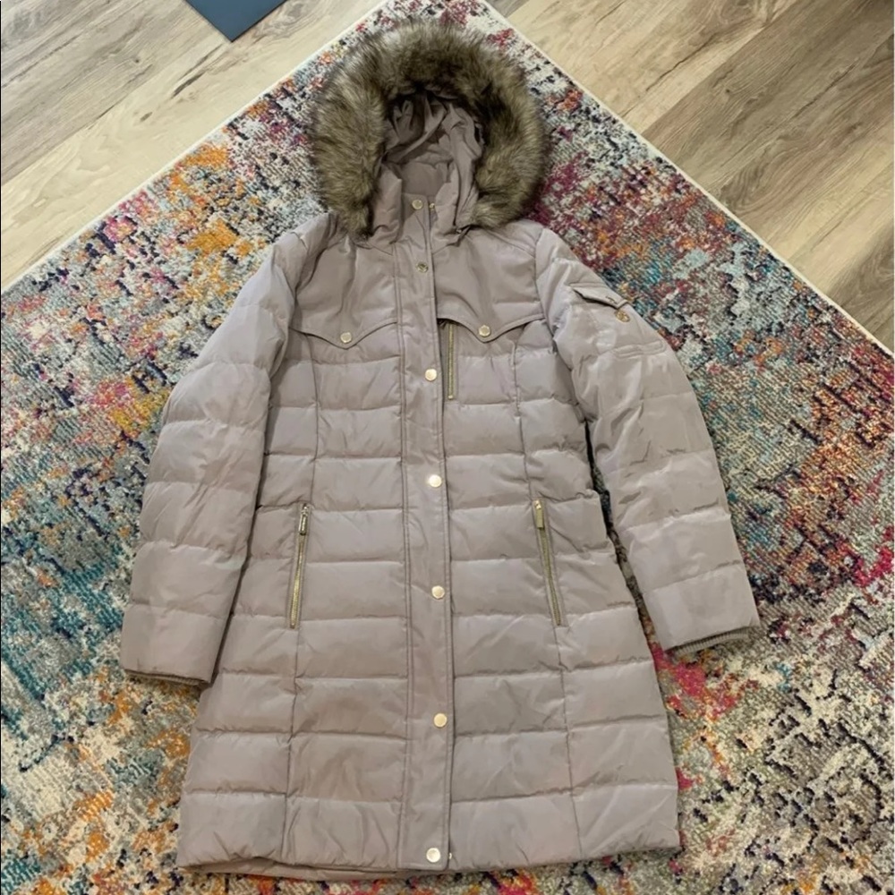 Tan Michael Kors down jacket with fur hood, size medium